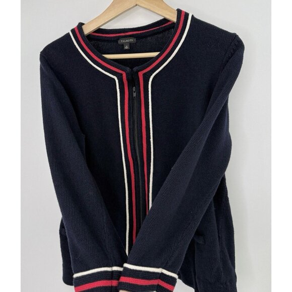 Talbots Women’s Navy Blue Zip Front Sweater Size M, Pockets, Preppy FLAWS - Picture 5 of 14